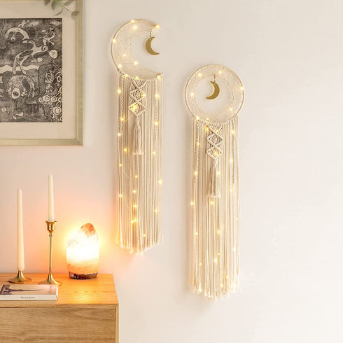 Mkono 2 Pack Macrame Dream Catcher with String Lights Boho Wall Hanging Decor Handmade Circle Moon Dreamcatcher Bohemian Home Ornament for Bedroom Living Room Dorm Nursery, 8''W x 32''L