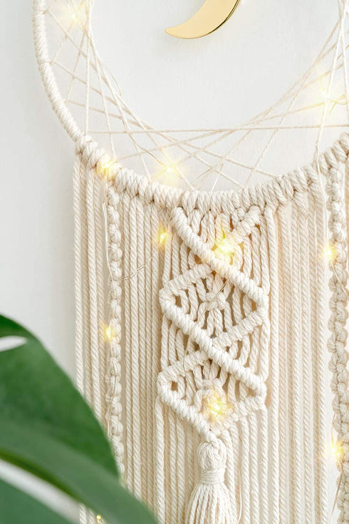 Mkono 2 Pack Macrame Dream Catcher with String Lights Boho Wall Hanging Decor Handmade Circle Moon Dreamcatcher Bohemian Home Ornament for Bedroom Living Room Dorm Nursery, 8''W x 32''L