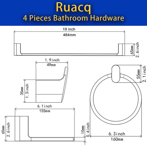 Ruacq 4 Pieces Bathroom Accessories Hardware Set Matte Black Stainless Steel and Zinc Alloy Modern Wall Mounted, 16-Inch Towel Bar, Toilet Paper Holder, Towel Ring?Robe Hook€¦