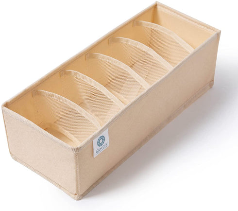 Qozary 3 Pack Sock Underwear Drawer Organizer Dividers, Collapsible Cabinet Closet Storage Boxes for Clothes, Socks, Lingerie, Underwear, Tie, Belt, Baby, Bedroom (Beige, 6 Cells)