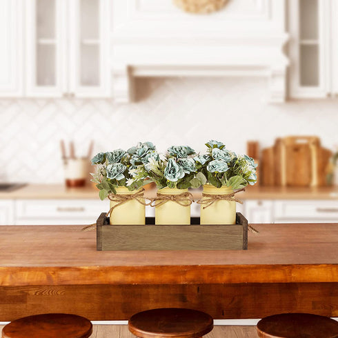 Floral Arrangements Artificial Centerpieces, Table Centerpieces for Dining Room, Mason Jar Decorative Wood Tray with Fake Rose Bouquet Flowers Farmhouse Decor for Living Room Kitchen Table - Aqua