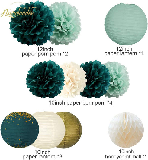 NICROLANDEE Wedding Party Decorations - 12PCS Green Hanging Tissue Pom Poms Gold Foil Dots Paper Lantern Confetti 30G for Rustic Style Bridal Shower Birthday Botanical Baby Shower Decorations