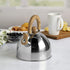 Primula Stewart Whistling Stovetop Tea Kettle Food Grade Stainless Steel, Hot Water Fast to Boil, Cool Touch Folding, 1.5 Qt, Polished Silver with Wood Handle