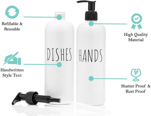 Soap Dispenser Bottles Farmhouse Decor Hands and Dishes 16 oz Plastic with Pump | Kitchen Sink, Bathroom| Rust Free and Shatter Proof | 2 Piece Reusable for Hand and Dish Liquid Soap