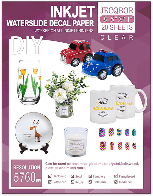 20 Sheets Waterslide Decal Paper INKJET CLEAR,8.5X11 Inch Water Slide Transfer Paper Transparent Printable for Tumblers,Ceramics,Plastics,Glasses,DIY