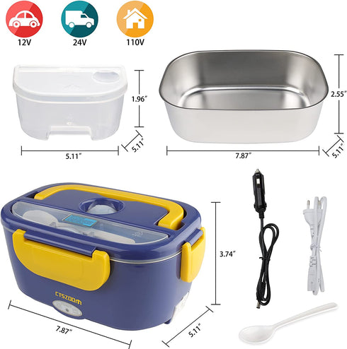 Electric Lunch Box -- Toursion Portable Food Heater 2 in 1 for Car/Truck and Work 110V&12V-24V 40W, Removable Stainless Steel Portable Food Warmer 1.5L, Spoon and 2 Compartments Included (Dark Blue)