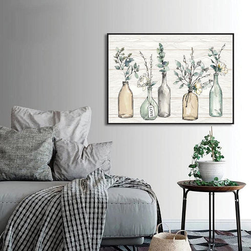 Flower Wall Art Painting Line Wood Texture Botanical Wall Art Canvas Picture Contemporary Botanic in Jar Canvas Artwork for Living Room Bedroom Kitchen Dinning Room Office Home Decor No Frame 24x16in