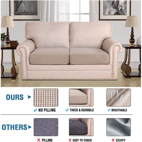 H.VERSAILTEX Super Stretch Individual Seat Cushion Covers Sofa Covers Couch Cushion Covers Slipcovers Featuring Thick Jacquard Textured Twill Fabric (2 Piece Medium Sofa Cushion Covers, Sand)