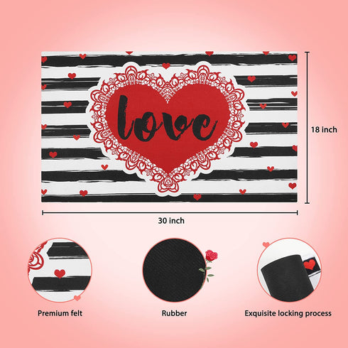 Valentine's Day Area Rug Doormat, Valentines Day Black White Striped Door Mat with Non Slip Backing, Romantic Red Heart Entrance Mats for Indoor Outdoor, Valentine's Day Home Decor, 18 x 30 Inch