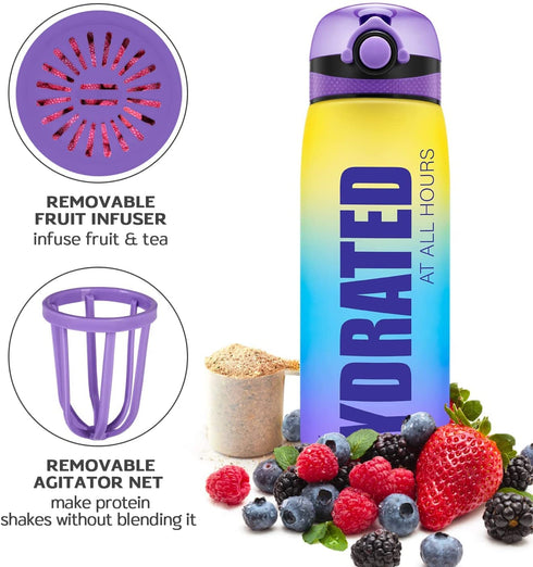 Elvira 32oz Motivational Water Bottle with Time Marker & Removable Fruit Infuser, Leakproof BPA Free Wide Mouth, Ensure You Drink Enough Water Daily for Fitness and Outdoor Activity