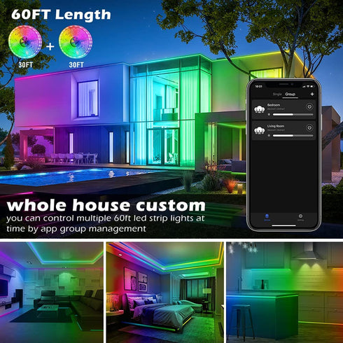 Led Strip Lights,60ft Led Light Strip Music Sync Color Changing RGB Led Strip Built-in Mic,Bluetooth App Control LED Tape Lights with Remote,5050 RGB Rope Light Strips