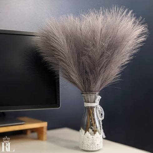 Dried Pampas Grass Decor - Royal Grey Faux Pampas Grass - 4 Pc Set Beautiful Dried Pampas Grass Small - Vase Fillers for Home Decor - 18" Total - Glam Decor - Regal Living Inc