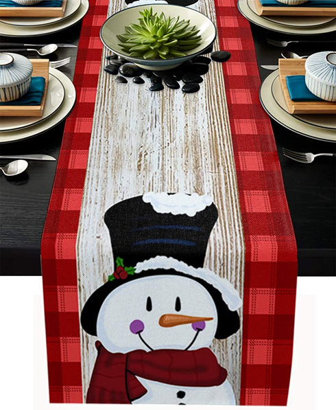 Greeeen Cotton Linen Table Runner, Kitchen Table Runners for Family Dinner, Banquet, Parties and Celebrations, Cute Christmas Snowman on Rustic Wooden Board Table Decor, 13 x 120 inch