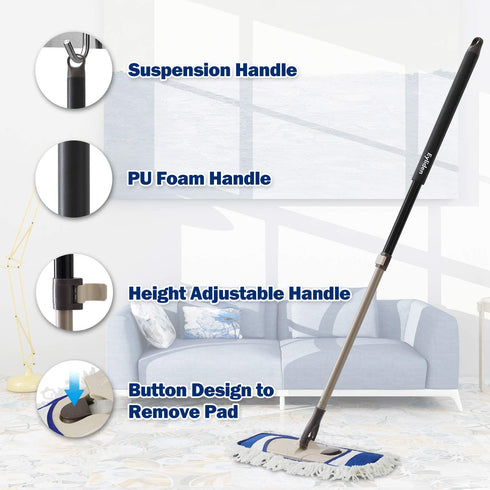 Eyliden Dust Mop with 2 Reusable Washable Pads - One Touch Replacement, Height Adjustable Handle, Wet & Dry Mops for Floor Cleaning, Hardwood, Laminate, Tile Flooring Push Dust Broom (Blue)