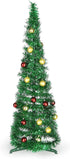 DomeStar 2.9Ft Tinsel Prelit Christmas Tree, Pop Up Artificial Pencil Slim Tree with 15PCS Christmas Balls for Xmas Decor Holiday Carnival Party Decorations
