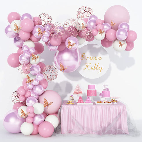 Soonlyn Baby Shower Decorations for Girl 140 Pcs Pink Balloon Garland with Butterfly Stickers 18 In 12 In 10 In 5 In Lilac Purple Chrome Rose Gold Confetti Balloon Arch Kit for Girl Birthday Party Bridal Shower