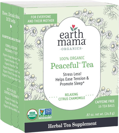 Earth Mama Organic Peaceful Mama Tea Bags for Pregnancy and Beyond, Citrus Chamomile, Stress Less, 16 Count, Pack of 3