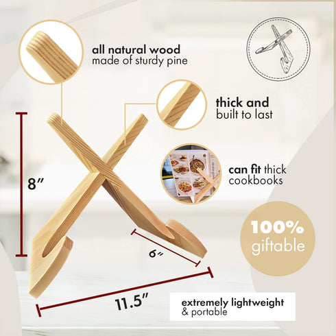 ReBL Cook Book Stand - Recipe Book Holder Display Stand - Natural Wood Cookbook Stand - Fits Thick Cookbooks & Textbooks - Display Stand Read Recipes Hands Free - Recipe Book Holder Stand for Kitchen