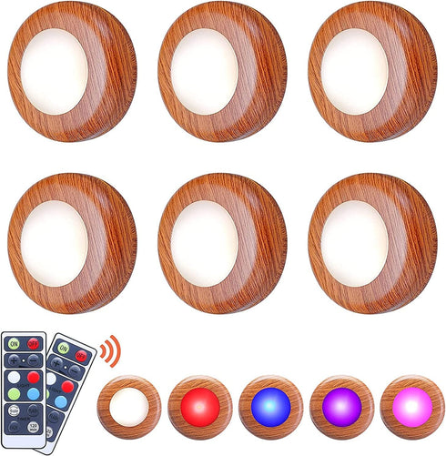 Under Cabinet Lights Wireless Closet Lights, 16 Color Changing LED Puck Lights Battery Operated , Dimmable Wooden Puck Lights with Remote & Timing for Kitchen Cabinet and Closet (Light Wood)
