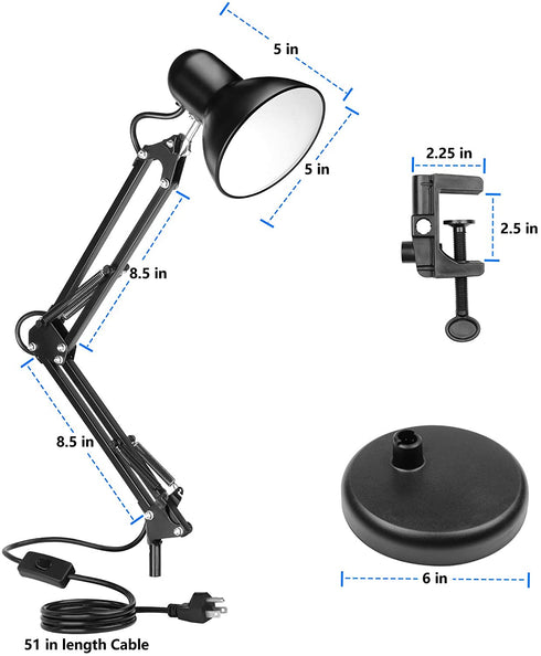 Metal Desk Lamp, AmeriTop Adjustable Goose Neck Swing Arm Table Lamp with Interchangeable Base Or Clamp; Eye-Caring Study Desk Lamps for Bedroom, Study, Office, Table (Black)