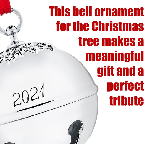 Klikel Sleigh Bell 2021 Ornament - Silver Christmas Ornament 2021 - Bell Ornament for Christmas Tree - with Red Ribbon and Gift Box - Shiny Christmas Bell Ornament Engraved 2021-7th Annual Edition