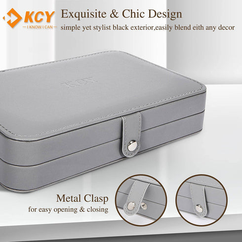 KCY Jewelry Box for Girls Women,Small Travel Jewelry Organizer Case,PU Leather Portable Jewellery Storage Boxes Display Holder for Ring Earrings Necklace Bracelet Bangle , Men Teen Kids Gift, Grey