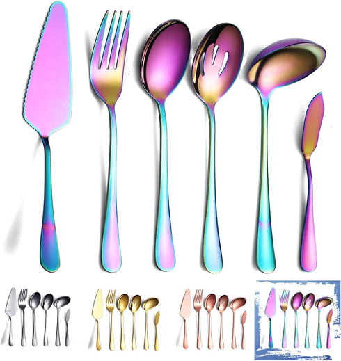 Rainbow Serving Spoons Set 6 Pieces, Serving Utensils Set Include Cake Server Slotted Spoon Serving Spoon Serving Fork Ladle Butter Knife Spreader Serving Set Dishwasher Safe