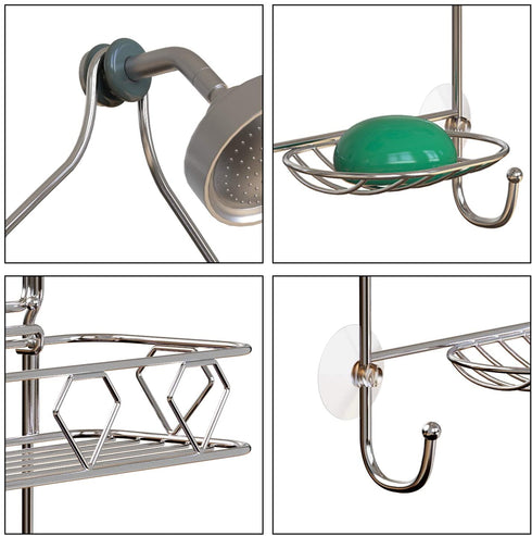 Upgraded! GeekDigg Bathroom Hanging Shower Head Caddy Organizer, Three Tier, Rust Proof Premium Hanger Design With Suction Cups, Hooks, Bath Room Caddies Hang on Showers Head, Shower Organizer, Silver