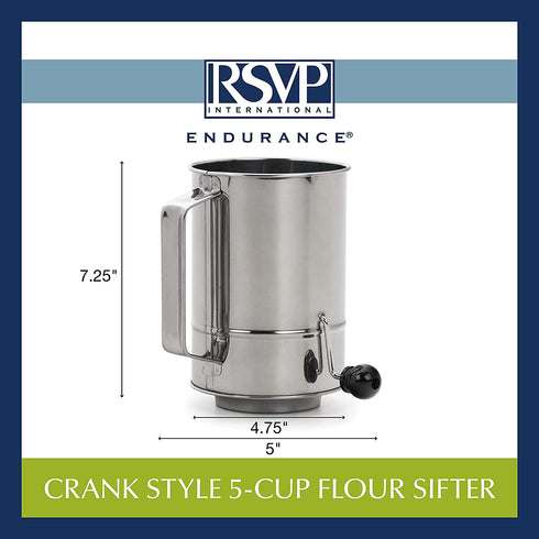 RSVP International Endurance® Stainless Steel Crank Style Flour Sifter, 5 Cup | Sift Flour & Dry Ingredients for Baking | Manual Crank | Dishwasher Safe,Silver