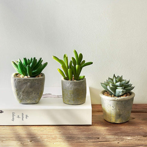 MOTINI Green Mini Artificial Succulents Plants Potted Small Faux Succulent in Cement Pots Fake Realistic Plant for Home Office Decor Indoor Outdoor, Set of 3