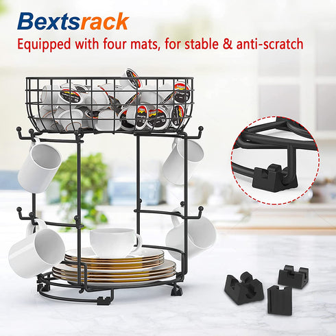 Bextsrack Coffee Mug Holder with Coffee Pod & Saucer Basket Storage, 12 Capacity Cup Mug Holder Tree for Coffee, Glasses and Cups Rust Resistant Mug Rack - Black