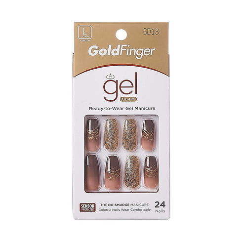 Gold Finger Gel Glam Design Nail Press On Nails, Gel Nail Kit, Polish Free Manicure Long Length (GD18)