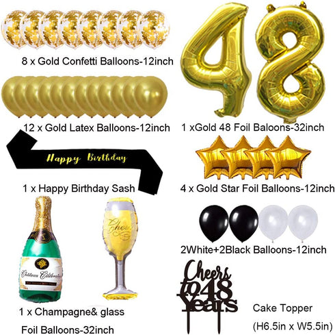 Gold 48th Birthday Decorations Kit, Cheers To 48 Years Banner Balloons 48th Cake Topper Birthday Sash Gold Tinsel Foil Fringe Curtains for 48 Birthday&Anniversary Decorations