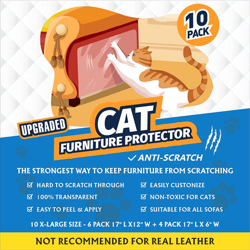 Anti Scratch Furniture Protectors from Cats - 10 Pack Cat Scratch Deterrent Tape Self Adhesive, Clear Plastic Cat Couch Protector for Sofa, Door (6 pcs 17" L 12" W + 4 pcs 17" L 6" W + 50 Pins)…