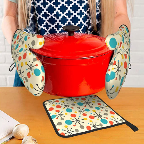 Mid Century Fifties Modern Atomic Retro Colors Oven Mitts and Pot Holders Sets Heat Resistant 3 Pcs Kitchen Sets for Kitchen,Cooking,Baking,Grilling,Cooks Gifts