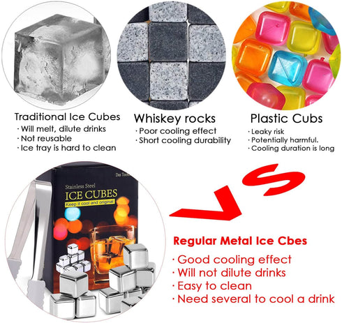 Das TooKii Whiskey Stones Gift Set, 12PCS Stainless Steel Ice Cube Reusable, Cooling Whisky Rocks, Metal Ice Cubes Chilling Stones, Drink Wine Cooler with Ice Tongs, Freezer Storage Tray, Freezer Bag