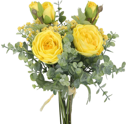 HUAESIN Fake Flowers 2 Pcs Artificial Rose Baby Breath Flowers Bouquet Yellow Plastic Eucalyptus Leaves for Wedding Bouquets Hotel Office Home Art Hall Garden Table Centerpieces Decor