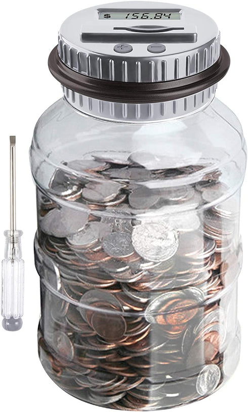 Large Piggy Bank for Boys Adults, Vcertcpl Digital Coin Counting Bank with LCD Counter, 1.8L Capacity Coin Bank Money Jar for Adults, Designed for All US Coins (Gray)