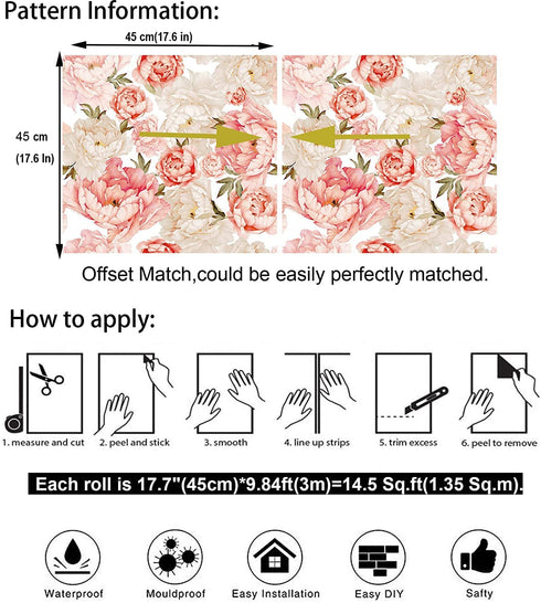 Blooming Wall Peel&Stick Removable Pink Champagne Fresh Peony Self-Adhesive Prepasted Wallpaper Wall Mural (Vintage Pink/Light Champagne, 17.7€œx118)
