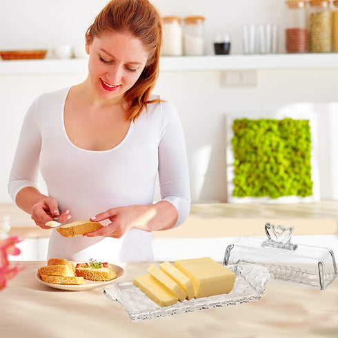 Bezrat Glass Butter Dish | Premium Butter Dish with Lid and Easy Grip Handle | Easy to Use and 100% Food Safe - Dishwasher Safe | Flower Addition