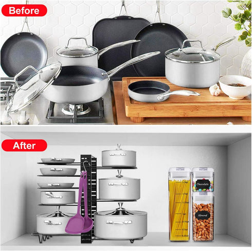 Pan Pot Organizer Rack, MASSUGAR Pan Organizer Adjustable Pot Rack with Hook, Black Metal Kitchen Cabinet Pantry Pot Lid Holder, 3 DIY Methods (Black)