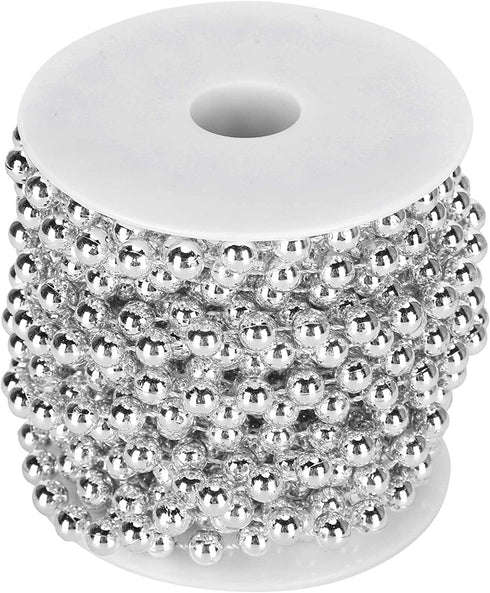 Emoshayoga Pearl Bead Roll, Garland Decoration Artificial Pearls Beads Garland Gold Beads Roll for Christmas Wedding DIY Decoration Holiday Party Supplies 8mm 10m/ 32.8ft(Silver)