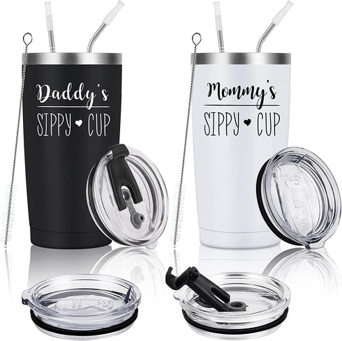Daddy’s and Mommy’s Sippy Cup Travel Tumbler Set, Father’s Day Christmas Gifts for New Parents Dad Mom Papa Mama Anniversary, Insulated Stainless Steel Travel Tumbler with Straw(20oz, Black and White)