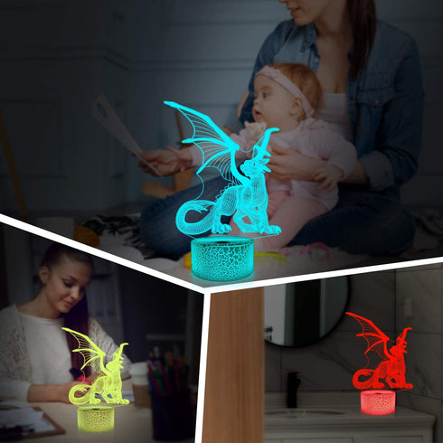Lampeez Kids 3D Dragon Night Light Optical Illusion Lamp with 16 Colors Remote Control Changing Birthday Xmas Valentine's Day Gift Idea for Boys and Girls