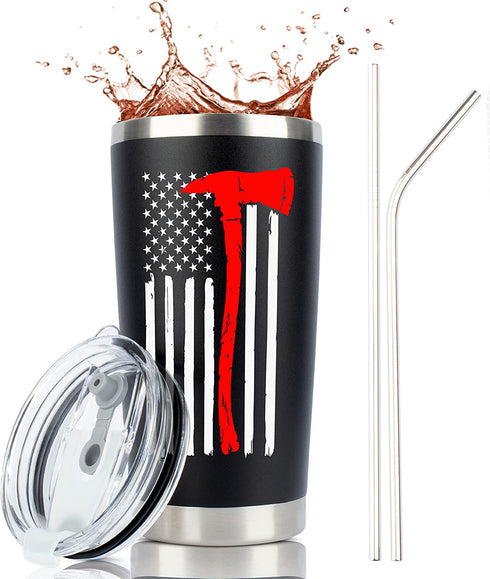 Firefighter Gifts for Men - 20 Ounce Stainless Steel Travel Tumbler/Mug with Lid for Coffee Cup| Thin Red Line Flag Design for Fireman | Fire Department | First Responder (20 Ounce) (Black, 20 Ounce)