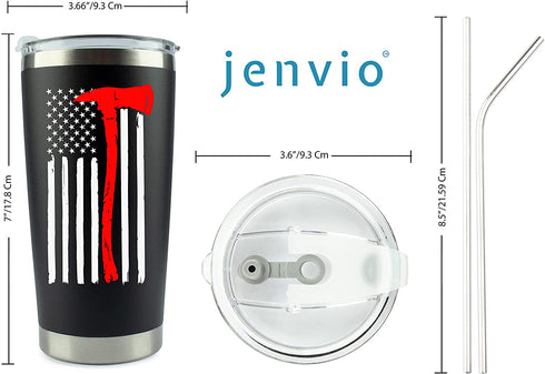Firefighter Gifts for Men - 20 Ounce Stainless Steel Travel Tumbler/Mug with Lid for Coffee Cup| Thin Red Line Flag Design for Fireman | Fire Department | First Responder (20 Ounce) (Black, 20 Ounce)
