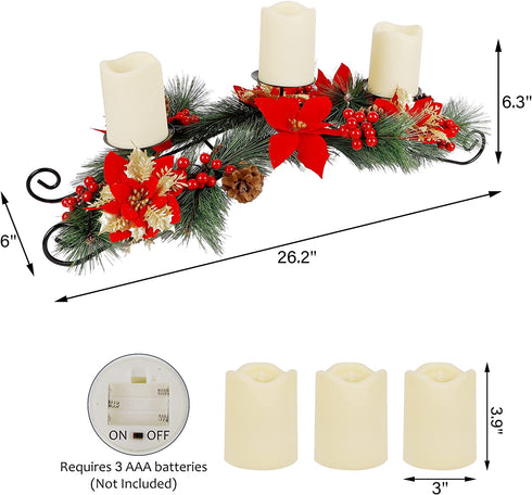 Prsildan 26 Inch Christmas Centerpiece Candle Holders Set, Christmas Tabletop Poinsettia Centerpiece with 3 Flameless Candles, Pinecones, Red Berries, Holiday Decorations for Table Mantel Xmas Party