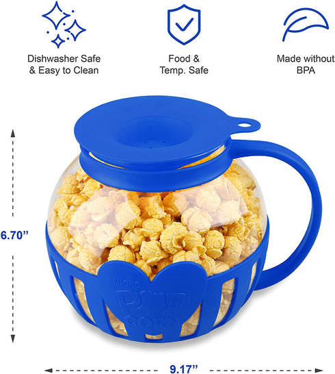 Tahoe Trail Christmas Gifts Borosilicate Glass Microwave Popcorn Popper Maker with Lid, BPA Free Hot Air Microwave Popcorn Maker Bowl, Use In Microwave or Oven, Dishwasher Safe, 3 Quart Family Size (Blue)
