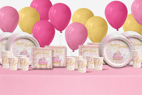 Pink and Gold 1st Birthday Party Supplies Set Plates Napkins Cups Tableware Kit for 16