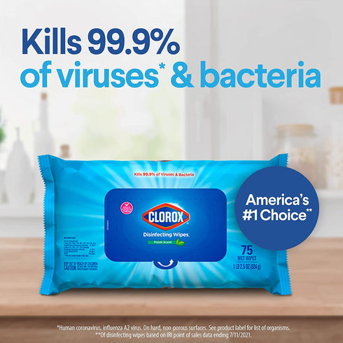Clorox Disinfecting Wipes, Bleach Free Cleaning Wipes, Fresh Scent, Moisture Seal Lid, 75 Wipes, Pack of 3 (New Packaging)